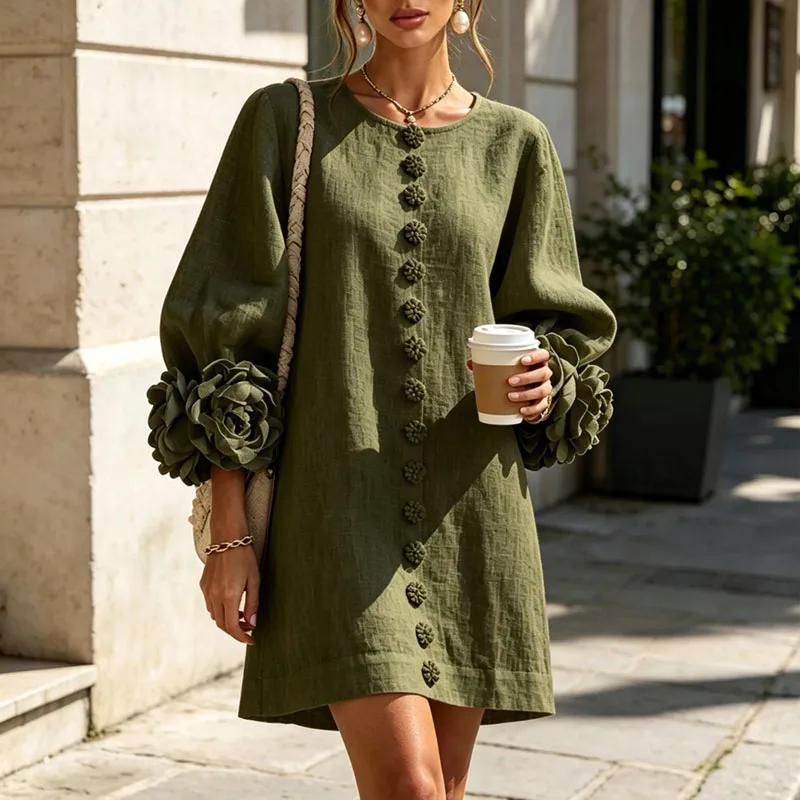 3D Flower Cuff Mini Dress Women Round Neck Bubble Long Sleeve Buttons Loose Solid Dress Elegant Wedding Guest Casual Short Dress