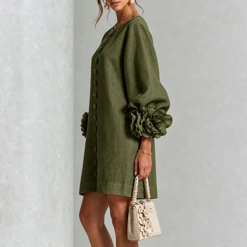 3D Flower Cuff Mini Dress Women Round Neck Bubble Long Sleeve Buttons Loose Solid Dress Elegant Wedding Guest Casual Short Dress