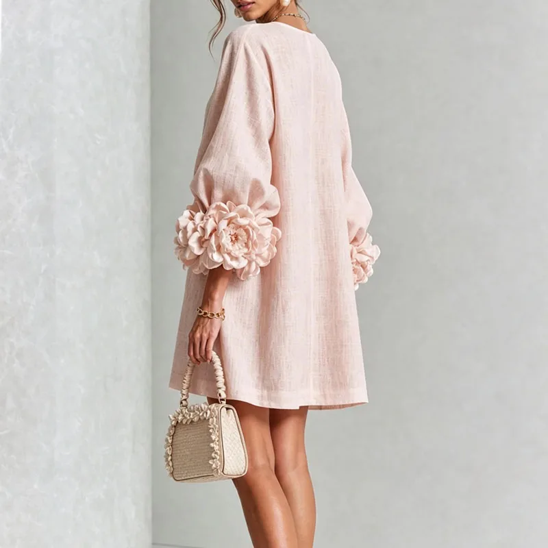 3D Flower Cuff Mini Dress Women Round Neck Bubble Long Sleeve Buttons Loose Solid Dress Elegant Wedding Guest Casual Short Dress