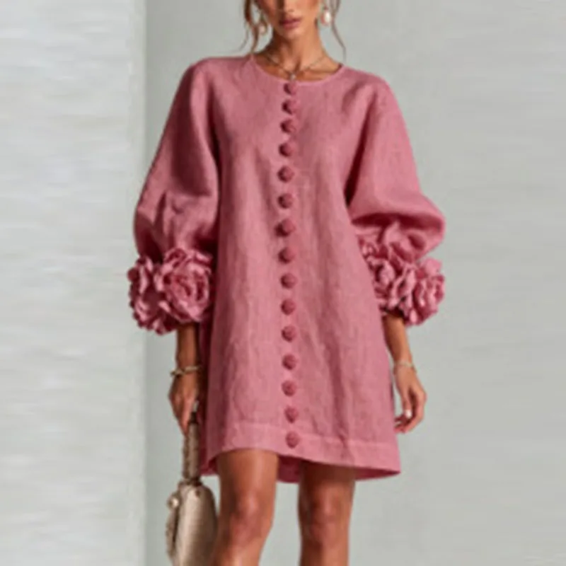 3D Flower Cuff Mini Dress Women Round Neck Bubble Long Sleeve Buttons Loose Solid Dress Elegant Wedding Guest Casual Short Dress