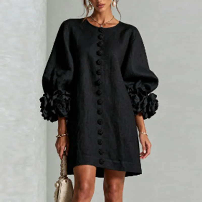 3D Flower Cuff Mini Dress Women Round Neck Bubble Long Sleeve Buttons Loose Solid Dress Elegant Wedding Guest Casual Short Dress