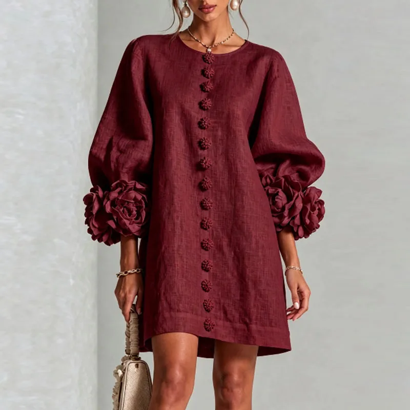 3D Flower Cuff Mini Dress Women Round Neck Bubble Long Sleeve Buttons Loose Solid Dress Elegant Wedding Guest Casual Short Dress