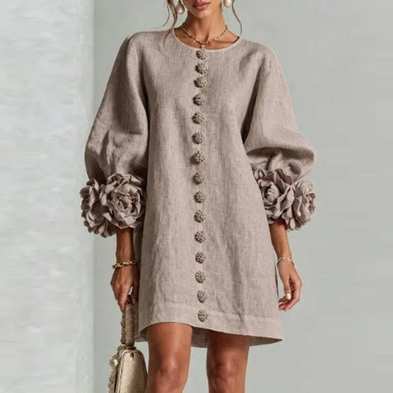 3D Flower Cuff Mini Dress Women Round Neck Bubble Long Sleeve Buttons Loose Solid Dress Elegant Wedding Guest Casual Short Dress
