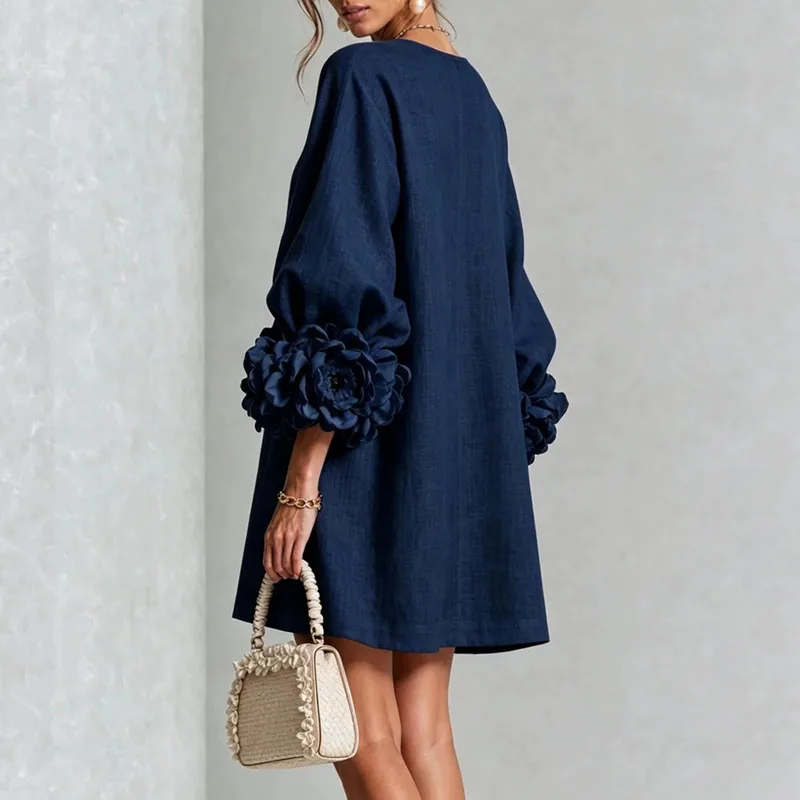 3D Flower Cuff Mini Dress Women Round Neck Bubble Long Sleeve Buttons Loose Solid Dress Elegant Wedding Guest Casual Short Dress
