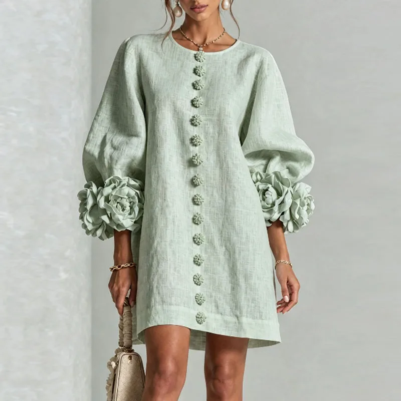 3D Flower Cuff Mini Dress Women Round Neck Bubble Long Sleeve Buttons Loose Solid Dress Elegant Wedding Guest Casual Short Dress