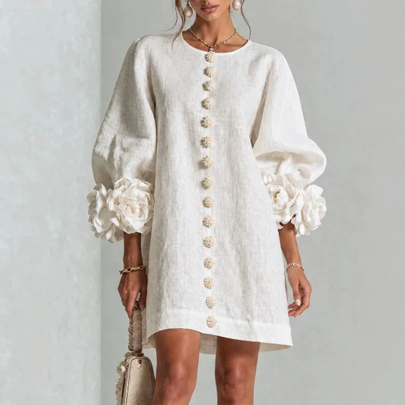 3D Flower Cuff Mini Dress Women Round Neck Bubble Long Sleeve Buttons Loose Solid Dress Elegant Wedding Guest Casual Short Dress