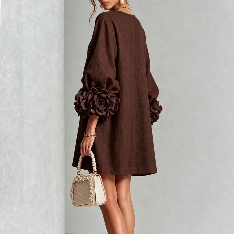 3D Flower Cuff Mini Dress Women Round Neck Bubble Long Sleeve Buttons Loose Solid Dress Elegant Wedding Guest Casual Short Dress