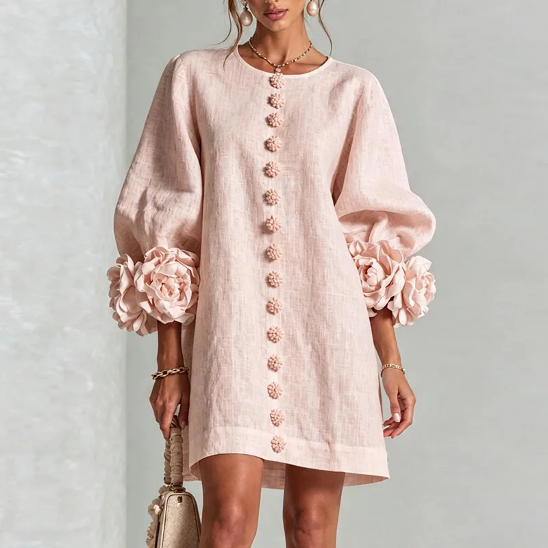 3D Flower Cuff Mini Dress Women Round Neck Bubble Long Sleeve Buttons Loose Solid Dress Elegant Wedding Guest Casual Short Dress