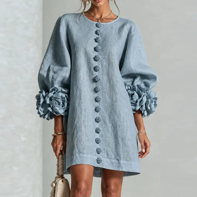 3D Flower Cuff Mini Dress Women Round Neck Bubble Long Sleeve Buttons Loose Solid Dress Elegant Wedding Guest Casual Short Dress