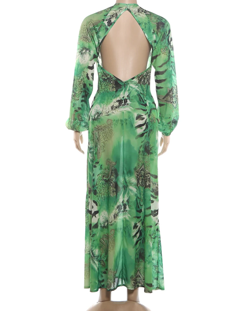 Kliou Sexy Backless Long Dress Woman Tiger Stripe Print Lantern Sleeve Deep V-Neck Vacation Beach Party Elegant Style Vestidos