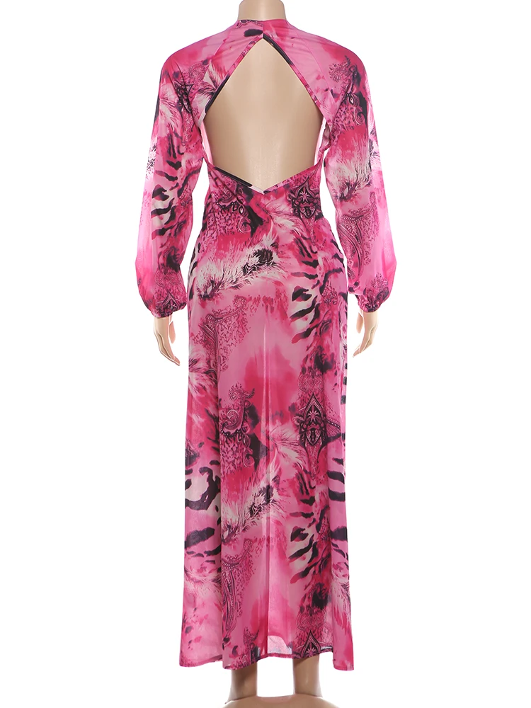 Kliou Sexy Backless Long Dress Woman Tiger Stripe Print Lantern Sleeve Deep V-Neck Vacation Beach Party Elegant Style Vestidos