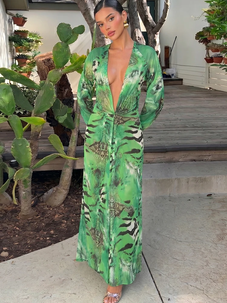 Kliou Sexy Backless Long Dress Woman Tiger Stripe Print Lantern Sleeve Deep V-Neck Vacation Beach Party Elegant Style Vestidos