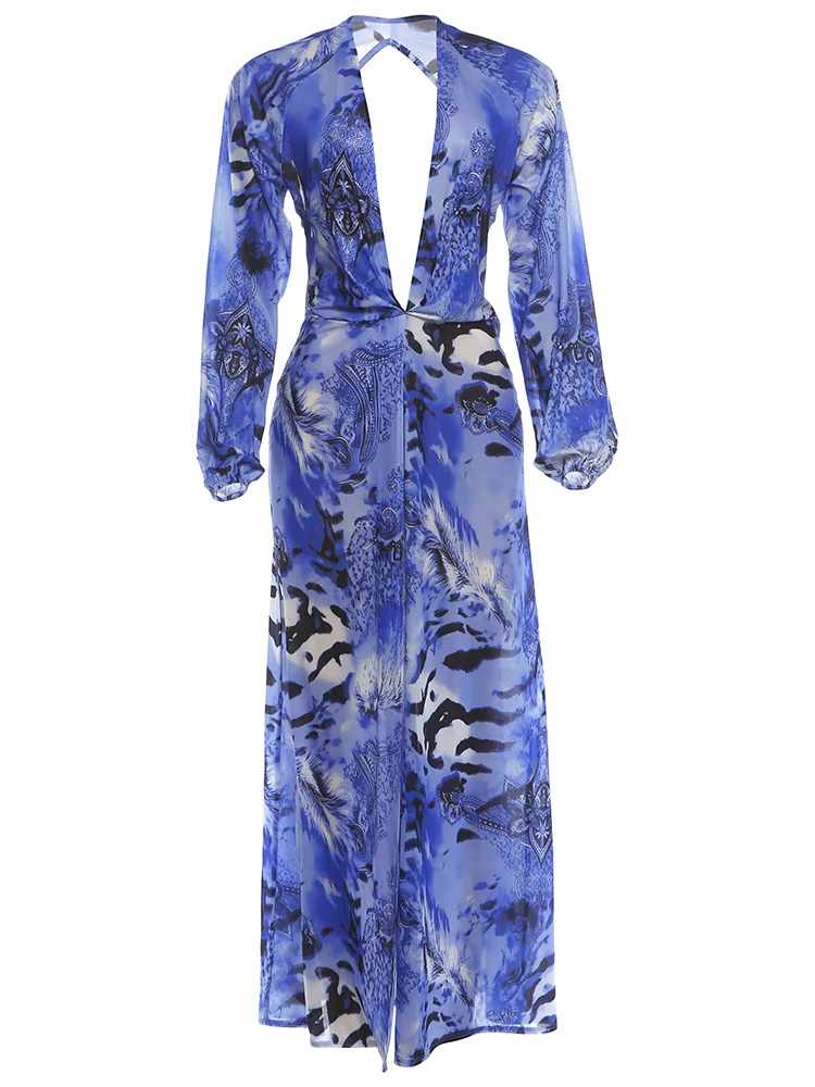 Kliou Sexy Backless Long Dress Woman Tiger Stripe Print Lantern Sleeve Deep V-Neck Vacation Beach Party Elegant Style Vestidos