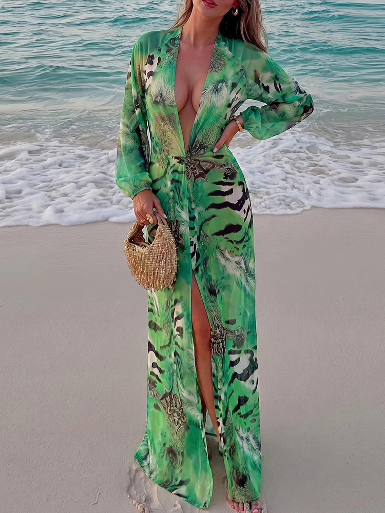 Kliou Sexy Backless Long Dress Woman Tiger Stripe Print Lantern Sleeve Deep V-Neck Vacation Beach Party Elegant Style Vestidos