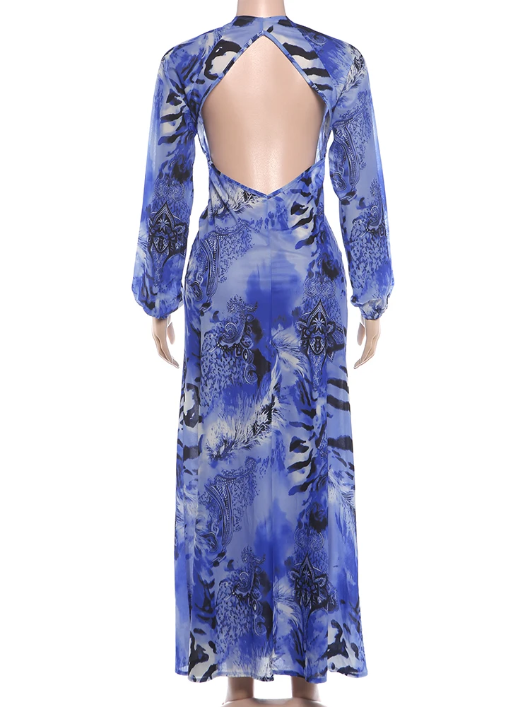 Kliou Sexy Backless Long Dress Woman Tiger Stripe Print Lantern Sleeve Deep V-Neck Vacation Beach Party Elegant Style Vestidos