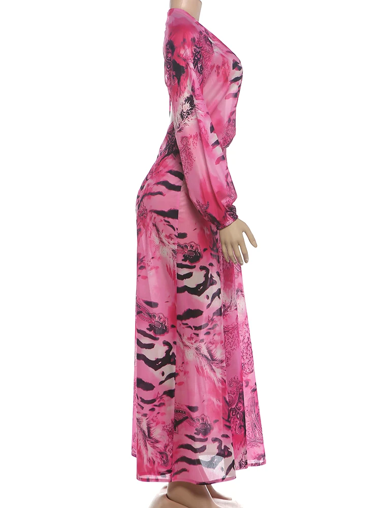 Kliou Sexy Backless Long Dress Woman Tiger Stripe Print Lantern Sleeve Deep V-Neck Vacation Beach Party Elegant Style Vestidos