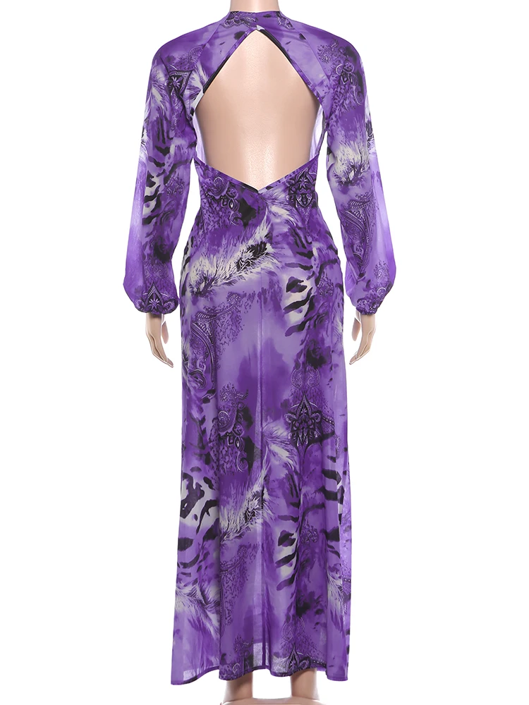 Kliou Sexy Backless Long Dress Woman Tiger Stripe Print Lantern Sleeve Deep V-Neck Vacation Beach Party Elegant Style Vestidos