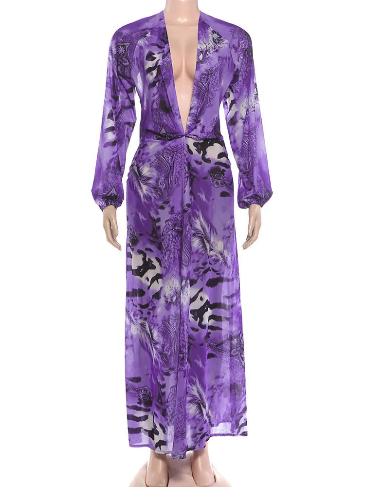 Kliou Sexy Backless Long Dress Woman Tiger Stripe Print Lantern Sleeve Deep V-Neck Vacation Beach Party Elegant Style Vestidos