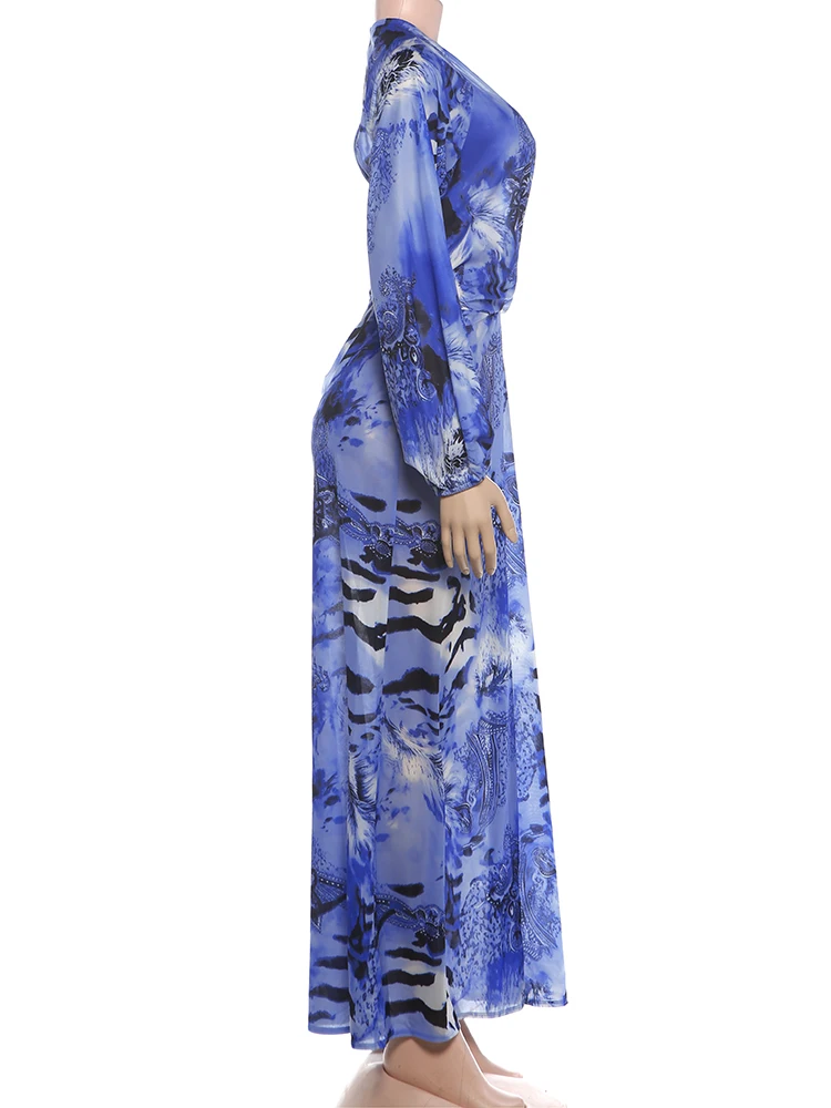 Kliou Sexy Backless Long Dress Woman Tiger Stripe Print Lantern Sleeve Deep V-Neck Vacation Beach Party Elegant Style Vestidos