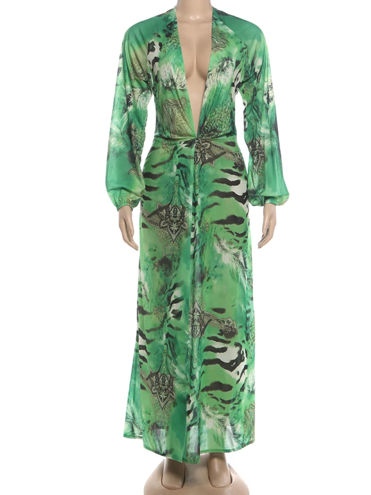 Kliou Sexy Backless Long Dress Woman Tiger Stripe Print Lantern Sleeve Deep V-Neck Vacation Beach Party Elegant Style Vestidos