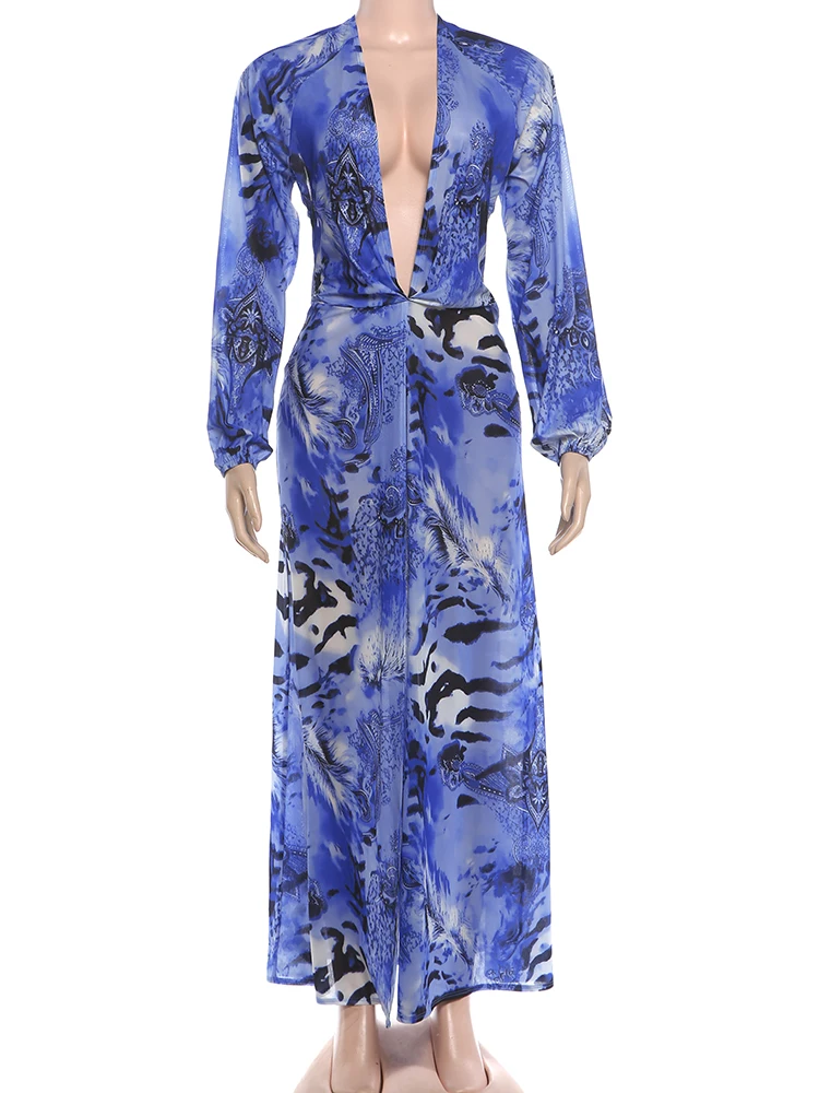 Kliou Sexy Backless Long Dress Woman Tiger Stripe Print Lantern Sleeve Deep V-Neck Vacation Beach Party Elegant Style Vestidos