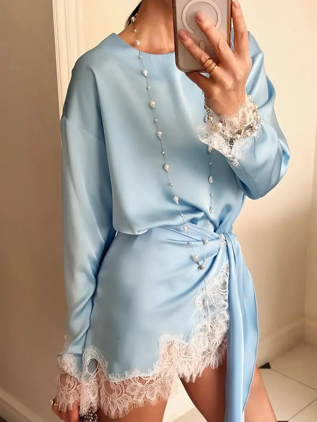 Satin Lace Patchwork Dress Women Long Sleeve O-neck Casual 2026 Spring Female Dresses Casual Solid Beach Robe not contain pearls