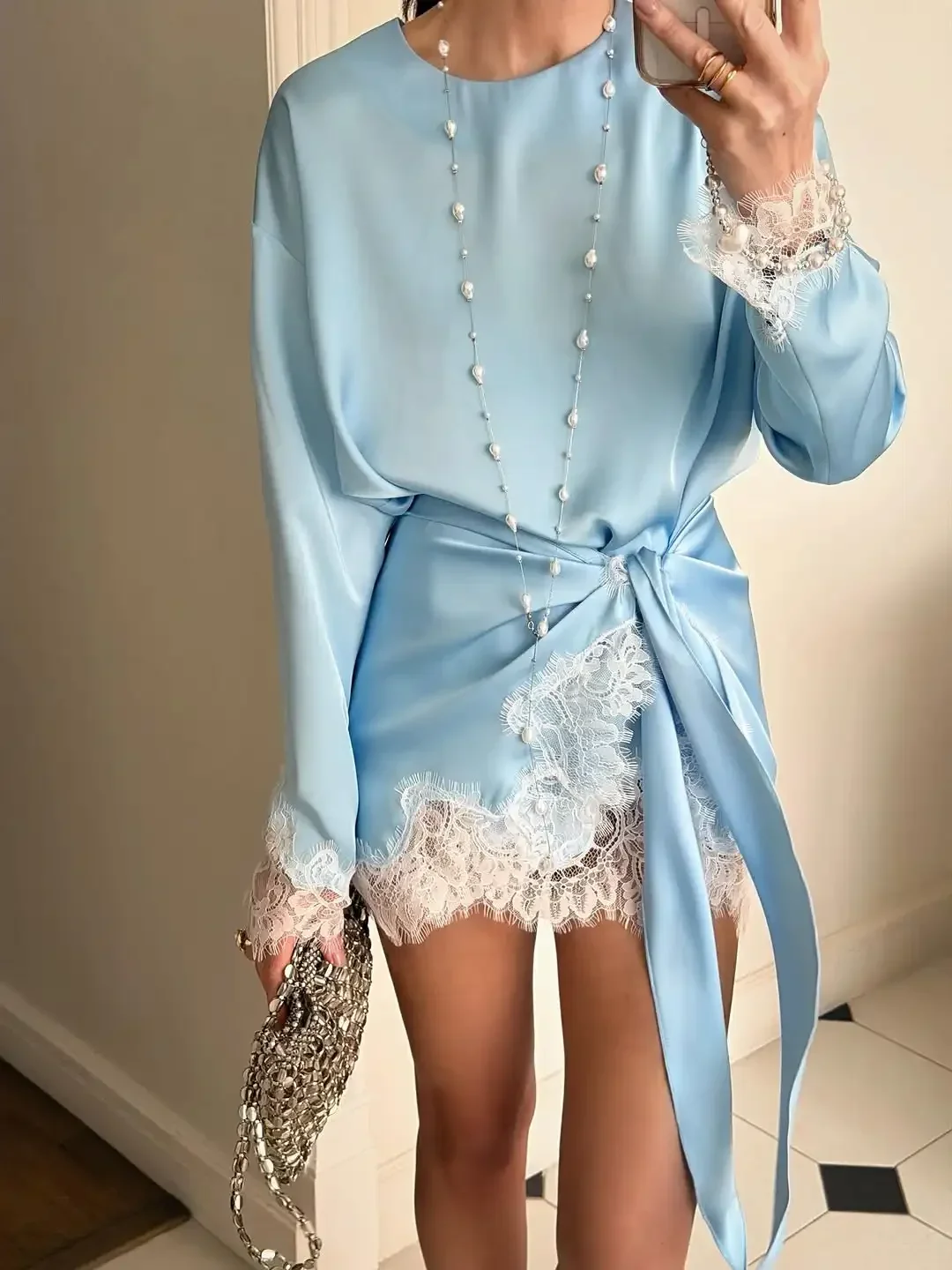 Satin Lace Patchwork Dress Women Long Sleeve O-neck Casual 2026 Spring Female Dresses Casual Solid Beach Robe not contain pearls