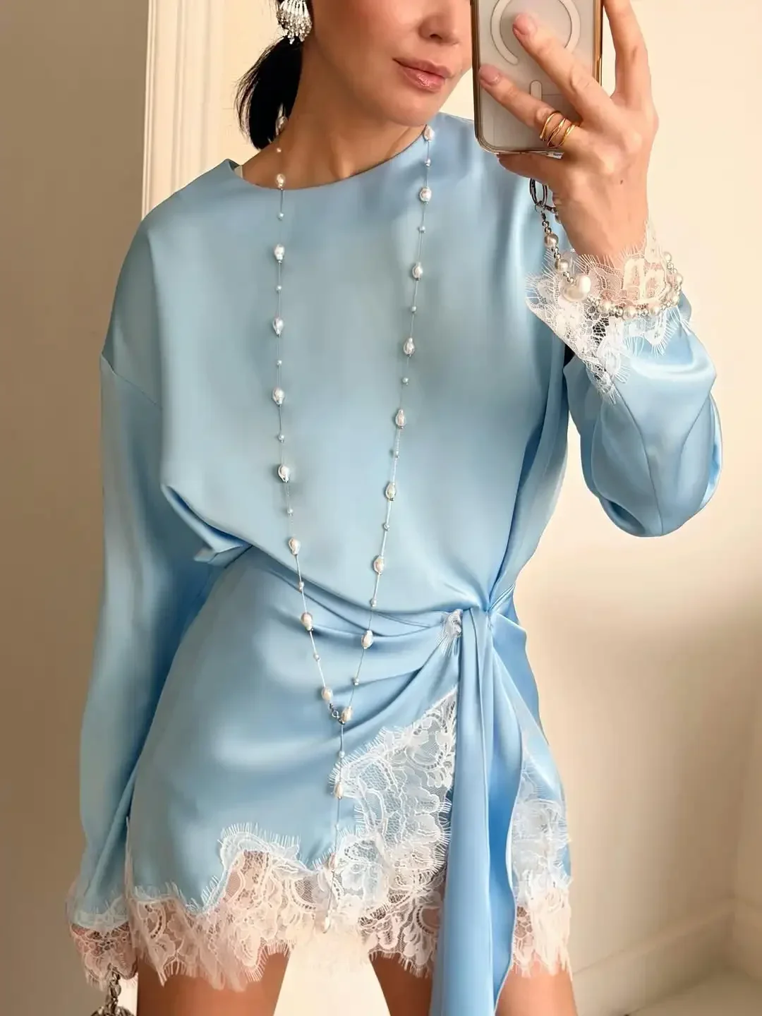 Satin Lace Patchwork Dress Women Long Sleeve O-neck Casual 2026 Spring Female Dresses Casual Solid Beach Robe not contain pearls