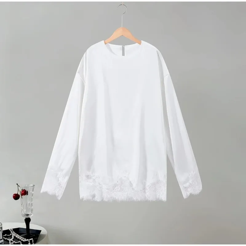 Satin Lace Patchwork Dress Women Long Sleeve O-neck Casual 2026 Spring Female Dresses Casual Solid Beach Robe not contain pearls