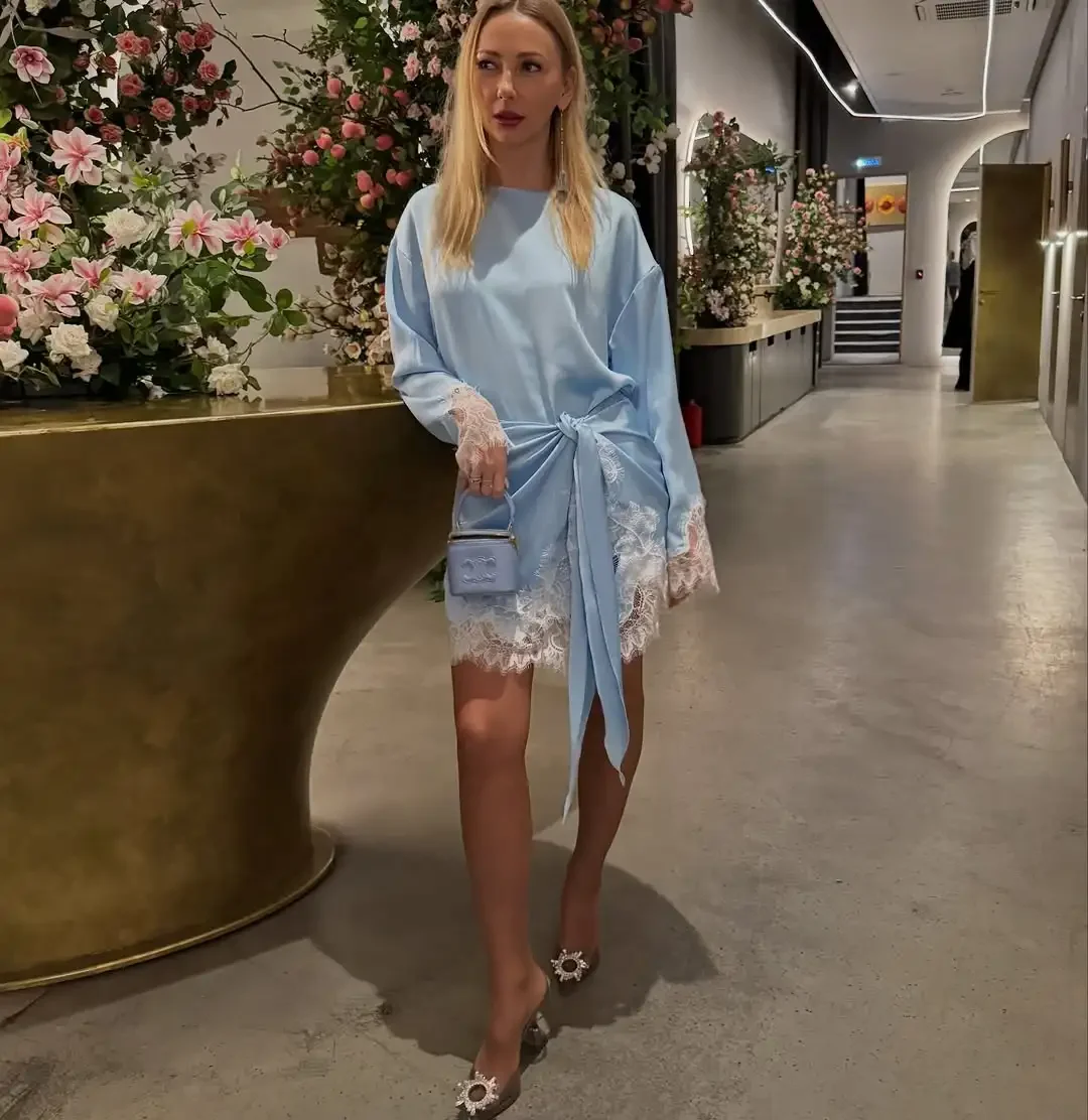 Satin Lace Patchwork Dress Women Long Sleeve O-neck Casual 2026 Spring Female Dresses Casual Solid Beach Robe not contain pearls