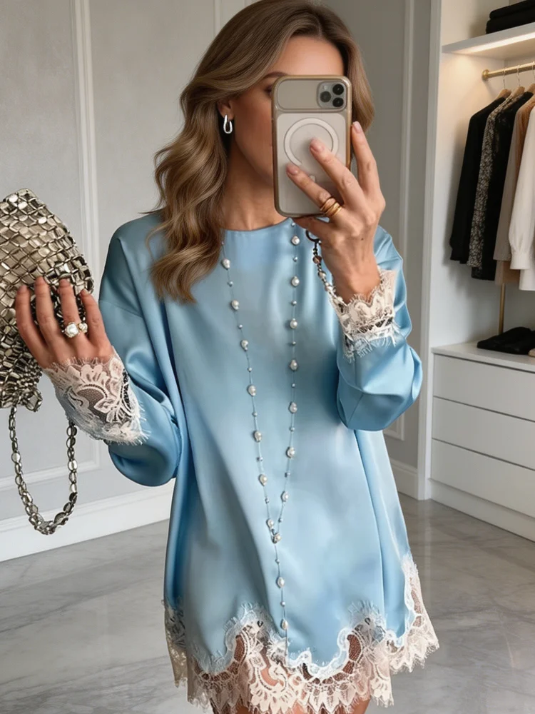Satin Lace Patchwork Dress Women Long Sleeve O-neck Casual 2026 Spring Female Dresses Casual Solid Beach Robe not contain pearls