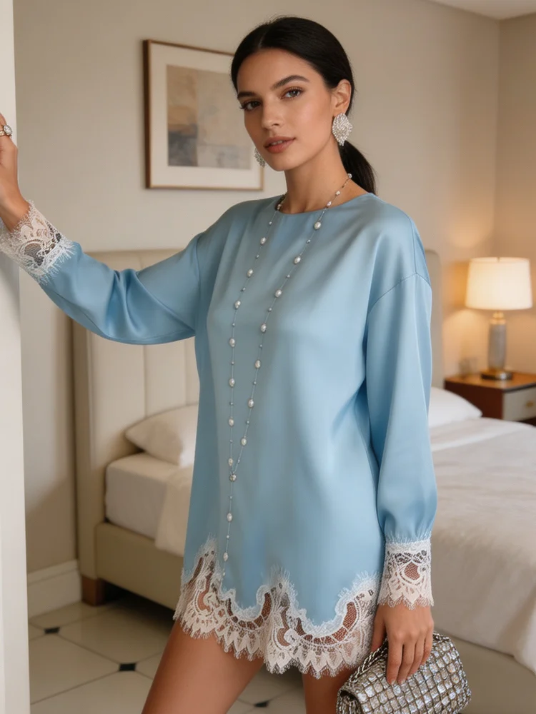 Satin Lace Patchwork Dress Women Long Sleeve O-neck Casual 2026 Spring Female Dresses Casual Solid Beach Robe not contain pearls