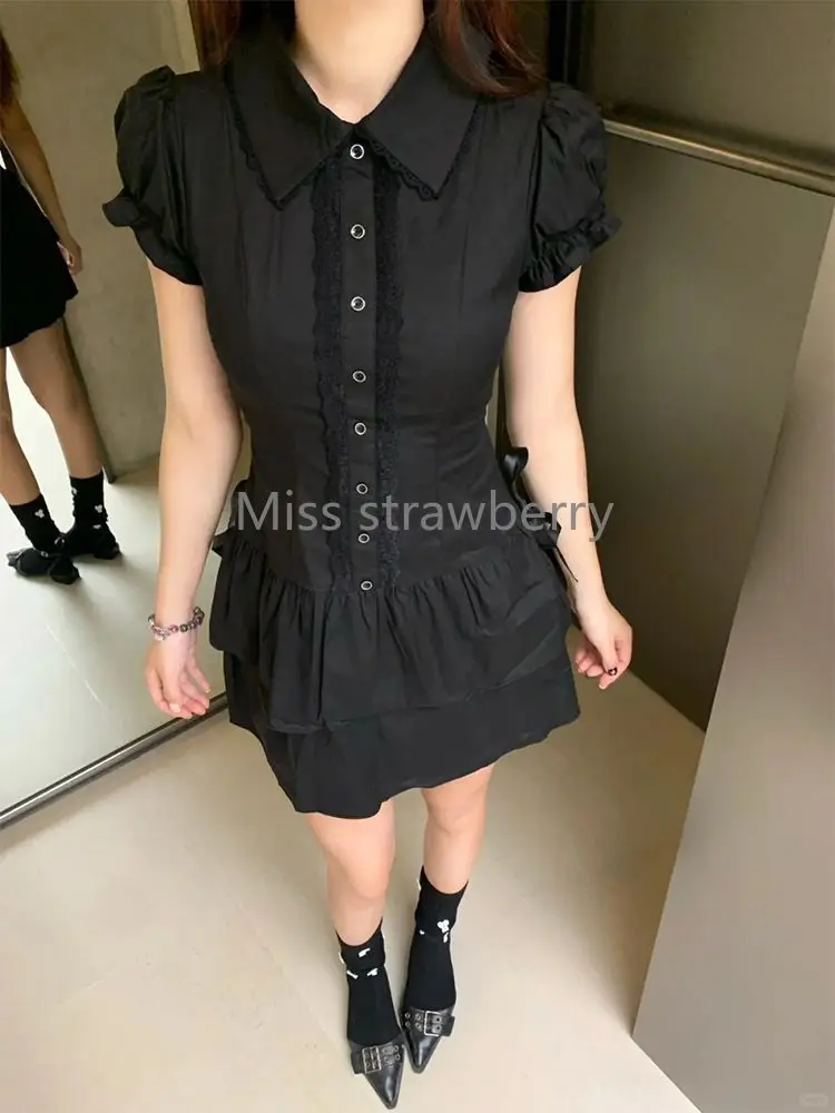 Summer Chic Vintage Black Short Sleeve Dress Women High Street Y2k Patchwork Slim Lapel Gothic Dresses Retro Hot Girl Clothing