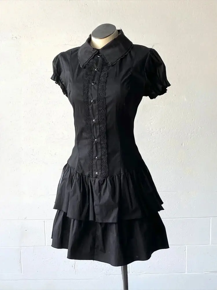 Summer Chic Vintage Black Short Sleeve Dress Women High Street Y2k Patchwork Slim Lapel Gothic Dresses Retro Hot Girl Clothing