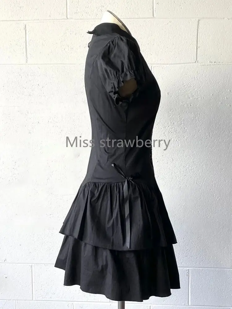 Summer Chic Vintage Black Short Sleeve Dress Women High Street Y2k Patchwork Slim Lapel Gothic Dresses Retro Hot Girl Clothing