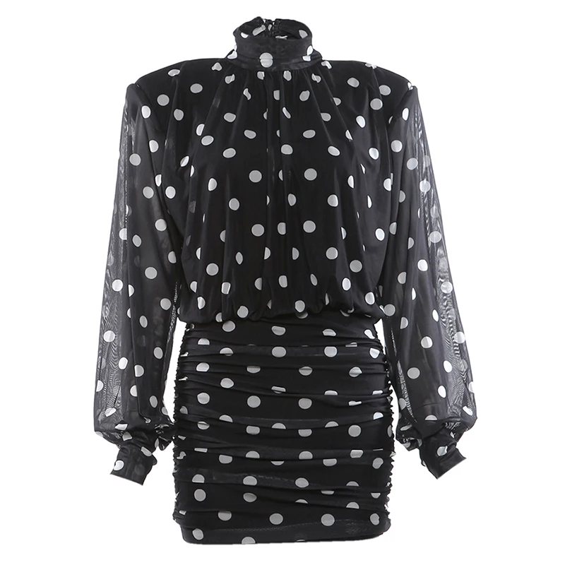 Nibber See Through Mini Dress Woman Turtleneck Mesh Full Sleeve Polka Dot Print Skinny Peach Hip Street Ruched Elegant Bodycon