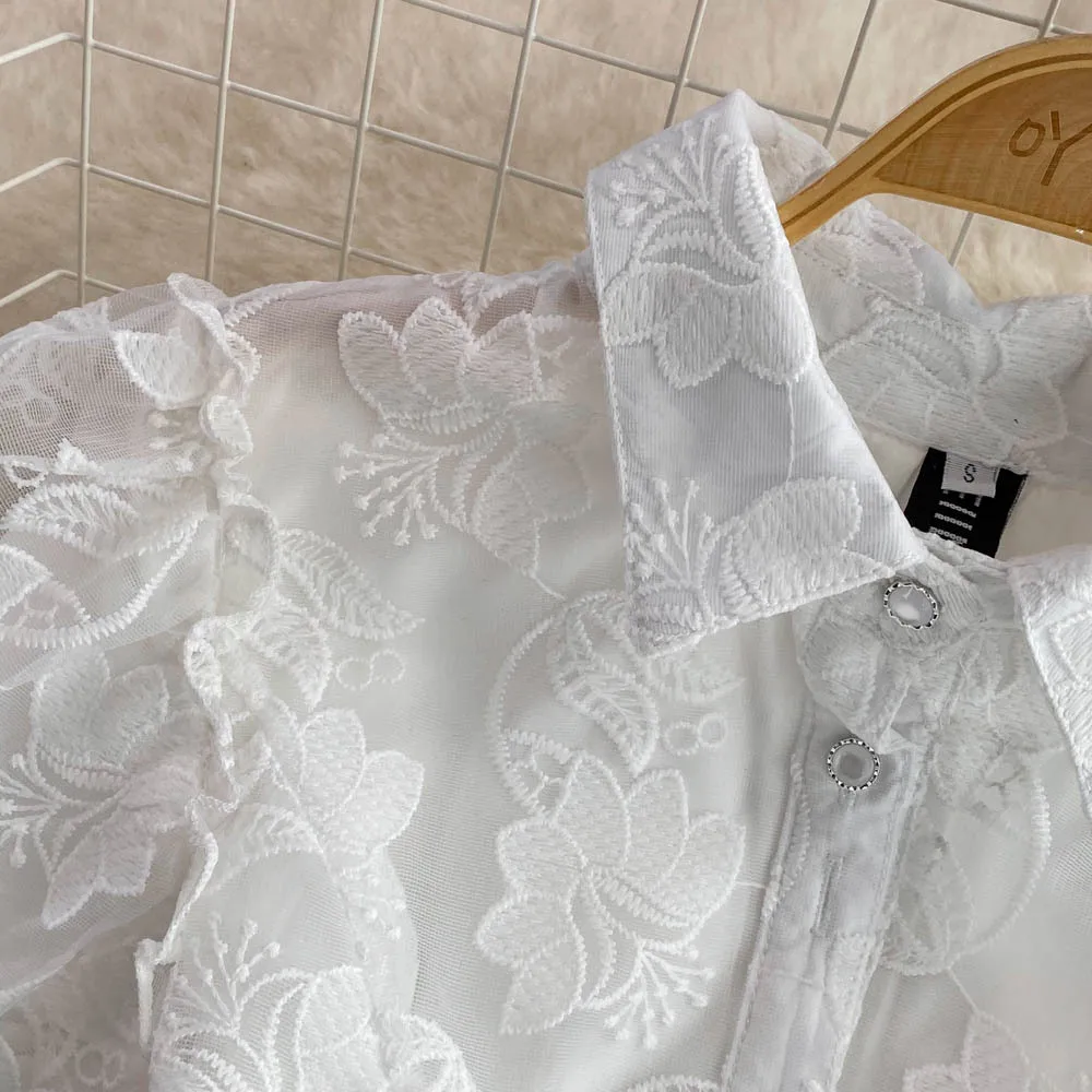 Women Vintage Lace Gown Dress Turn Down Collar Puff Sleeve Mini Dresses Single Breasted Spliced Elegant Vestidos Summer