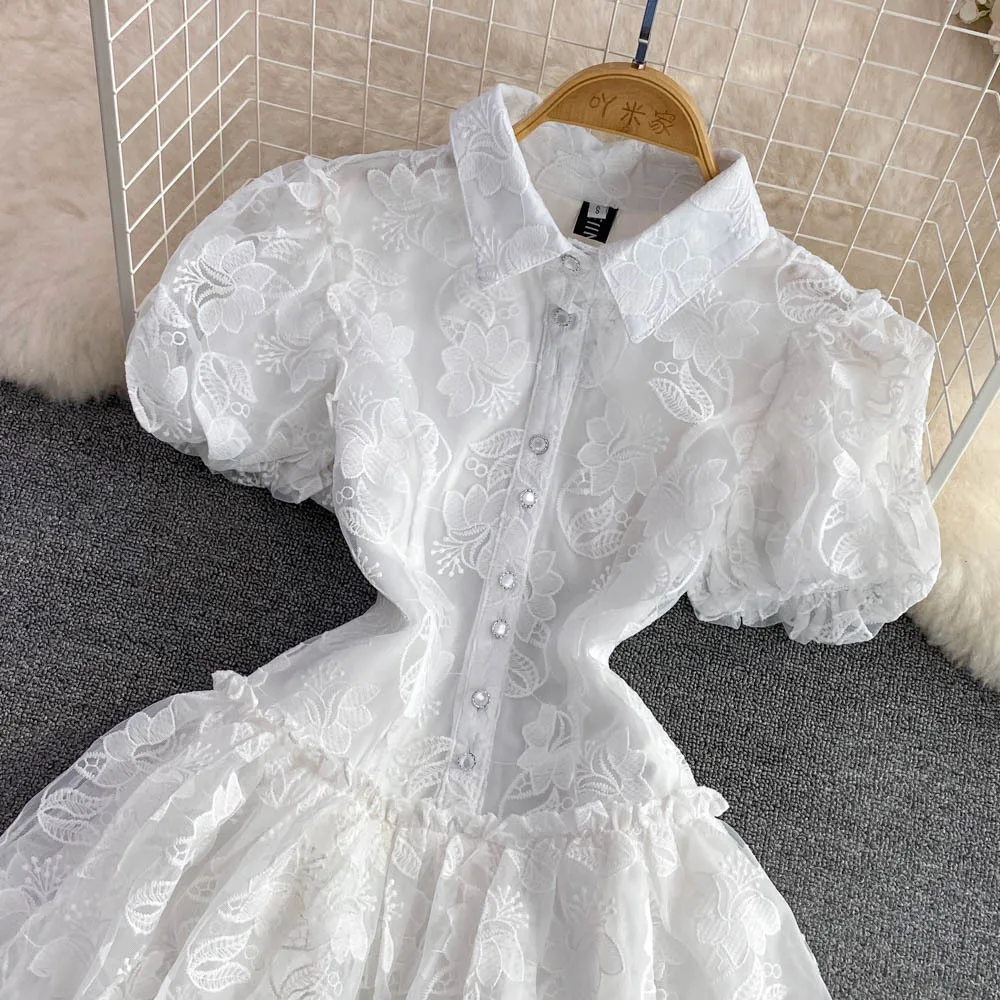 Women Vintage Lace Gown Dress Turn Down Collar Puff Sleeve Mini Dresses Single Breasted Spliced Elegant Vestidos Summer