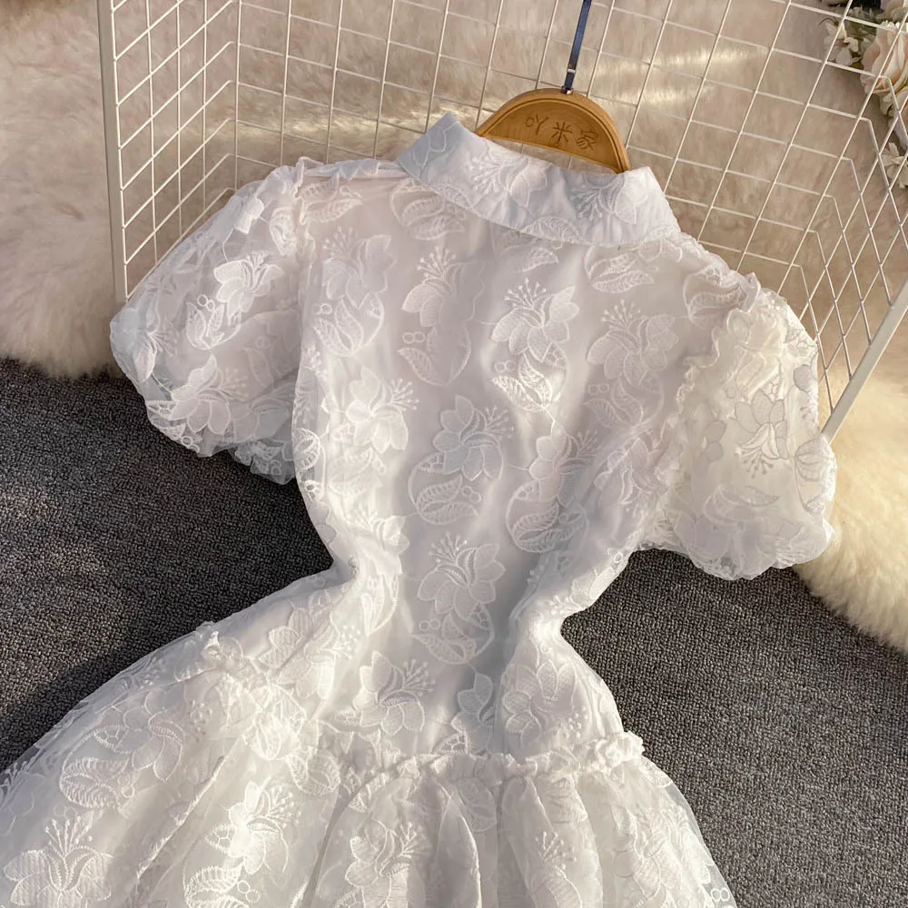 Women Vintage Lace Gown Dress Turn Down Collar Puff Sleeve Mini Dresses Single Breasted Spliced Elegant Vestidos Summer