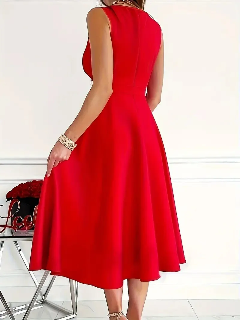 Summer Women's Dress V-neck Sleeveless Elegant Red Fashion Party Black Professional Temperament Evening Midi Skirt