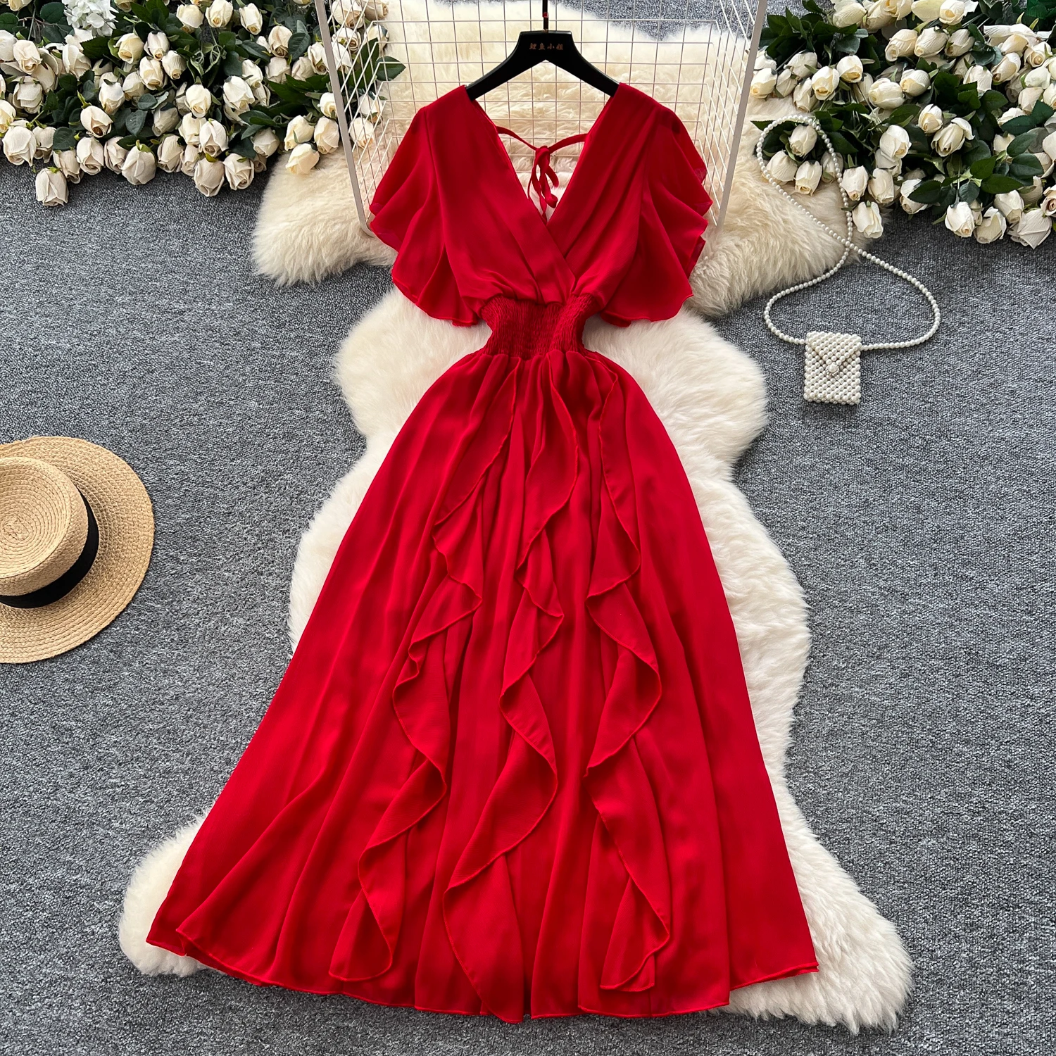 Elegant Criss-Cross chiffon short sleeve Vintage Chic Slim Ball Gown Dresses French Evening High Street Clothing
