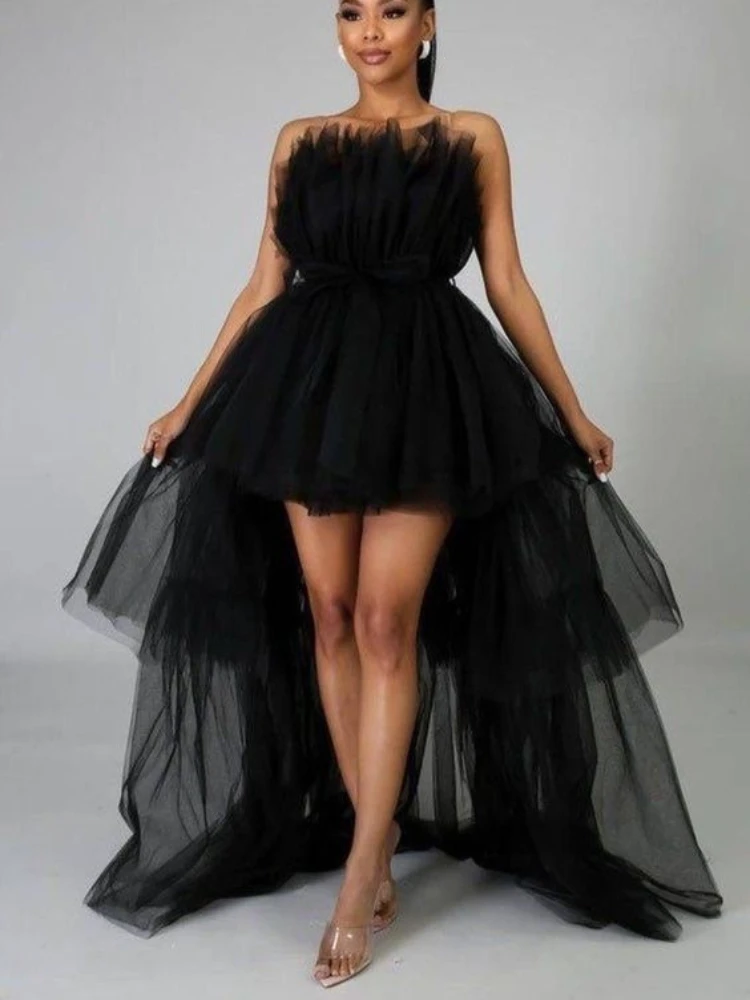 CM.YAYA Women Strapless Mesh Ball Gown High Low Irregular Cocktail Dress 2023 Autumn Vestidos Sexy Party Even Dresses
