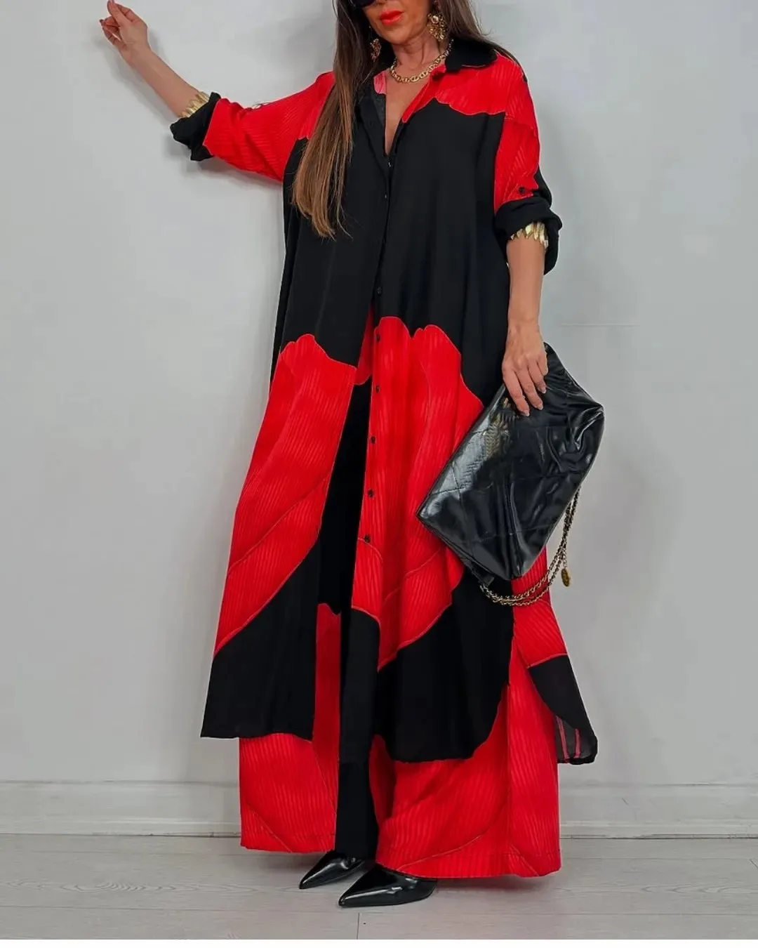 Fashion Loose Printed 2-piece Set Women's Single-breasted Cardigan Robe Wide-leg Pants Casual Two-piece Outfit Woman Dress