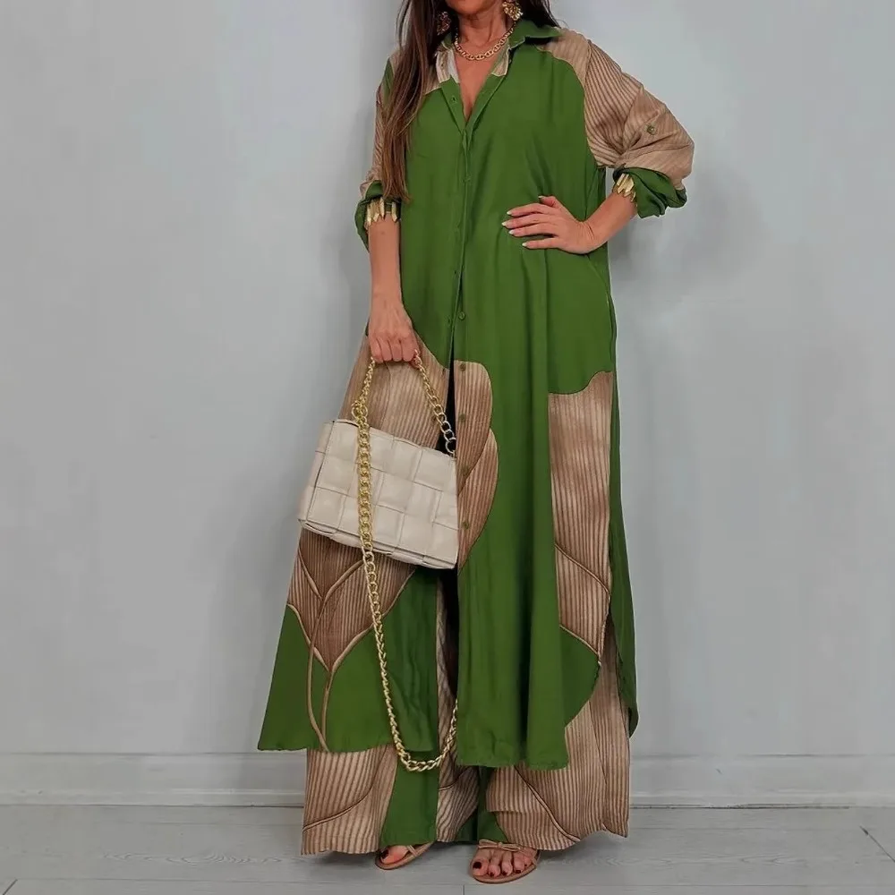 Fashion Loose Printed 2-piece Set Women's Single-breasted Cardigan Robe Wide-leg Pants Casual Two-piece Outfit Woman Dress