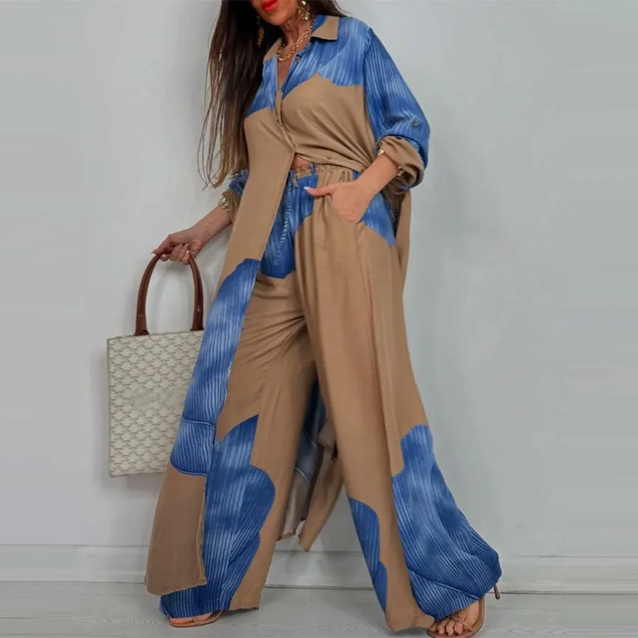 Fashion Loose Printed 2-piece Set Women's Single-breasted Cardigan Robe Wide-leg Pants Casual Two-piece Outfit Woman Dress