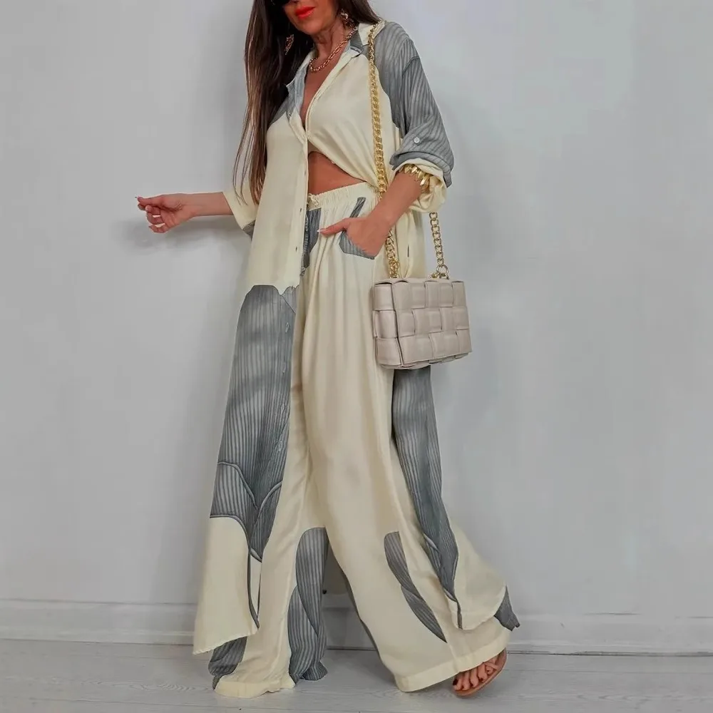 Fashion Loose Printed 2-piece Set Women's Single-breasted Cardigan Robe Wide-leg Pants Casual Two-piece Outfit Woman Dress