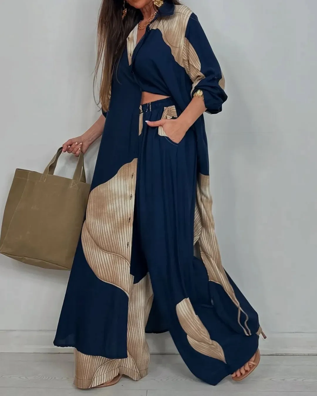 Fashion Loose Printed 2-piece Set Women's Single-breasted Cardigan Robe Wide-leg Pants Casual Two-piece Outfit Woman Dress