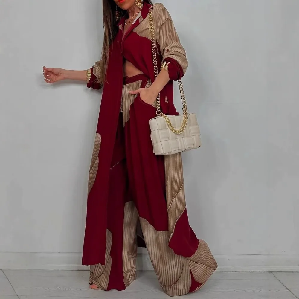 Fashion Loose Printed 2-piece Set Women's Single-breasted Cardigan Robe Wide-leg Pants Casual Two-piece Outfit Woman Dress