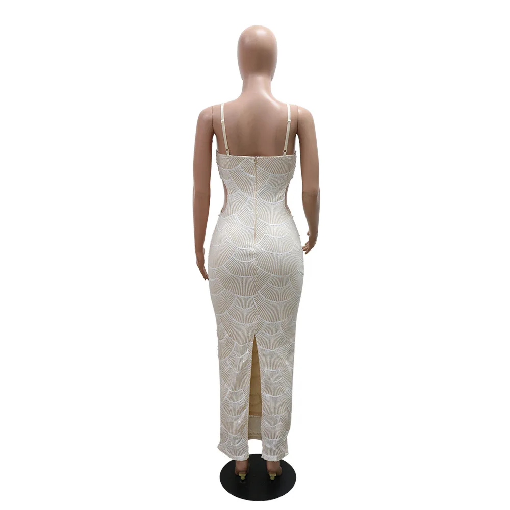 CM.YAYA 2025 Summer Women Sequins Beading Strap Sleeveless Bodycon Maxi Long Dress Sexy Night Evening Birthday Party Dresses