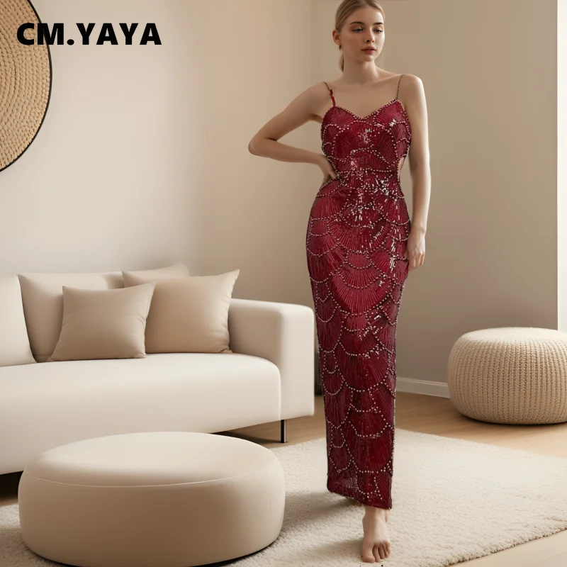 CM.YAYA 2025 Summer Women Sequins Beading Strap Sleeveless Bodycon Maxi Long Dress Sexy Night Evening Birthday Party Dresses